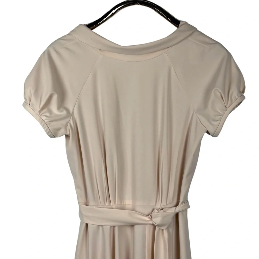 GAL MEETS GLAM ELEANOR PUFF SLEEVE TIE WAIST CREAM SATIN TWILL DRESS
